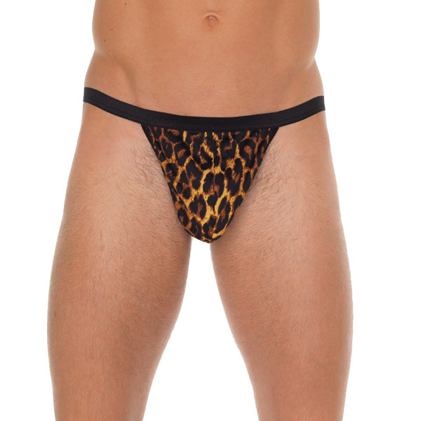 Tanga negro para hombre con bolsa con estampado de leopardo