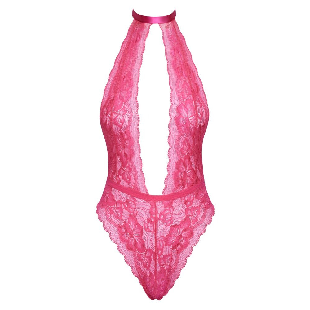 Body de encaje con cuello halter besable rosa