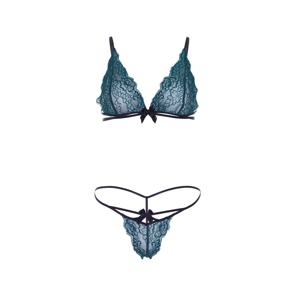 Bralette en dentelle bleu sarcelle et culotte string assortie Leg Avenue