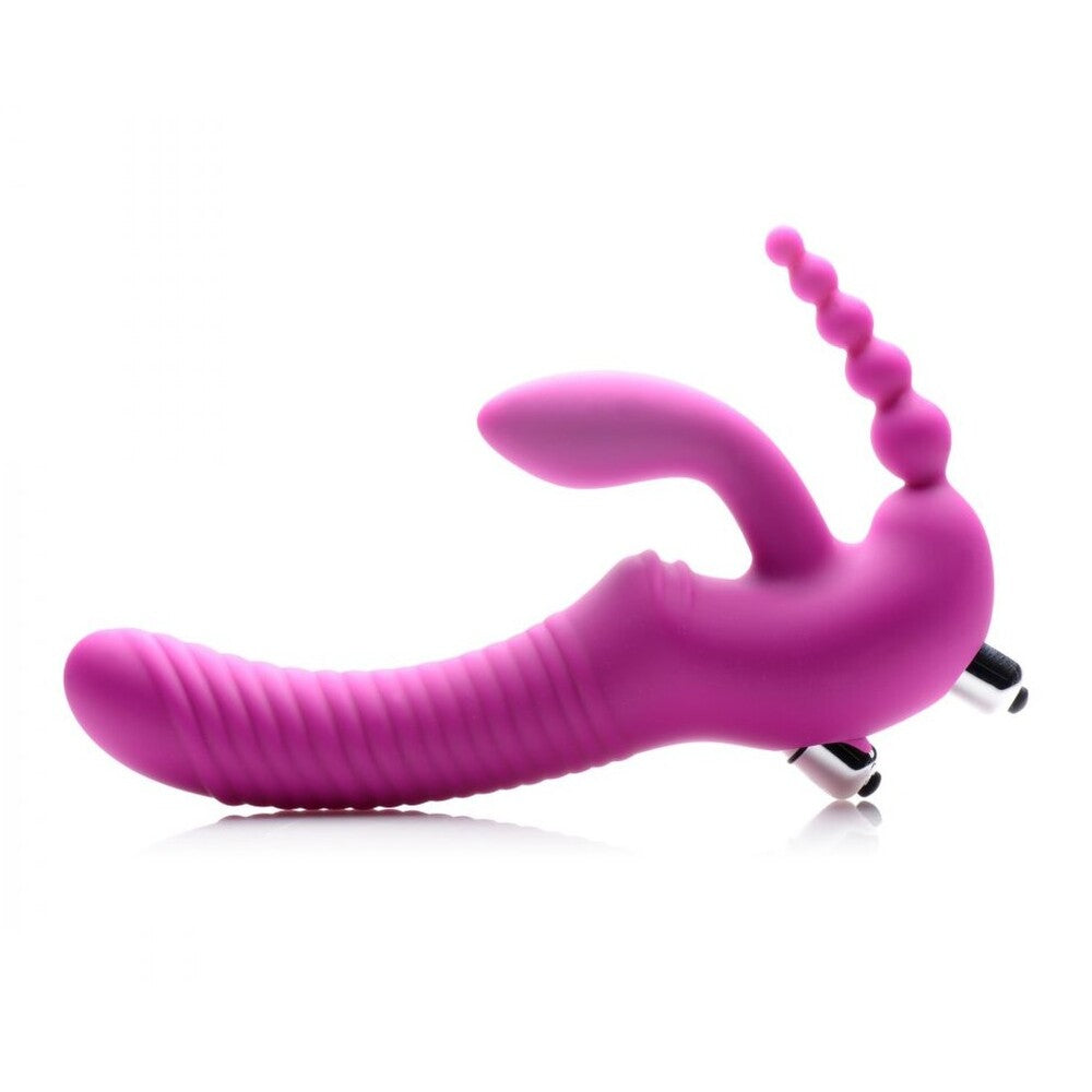 Consolador con correa triple G y vibrador de silicona sin tirantes Regal Rider