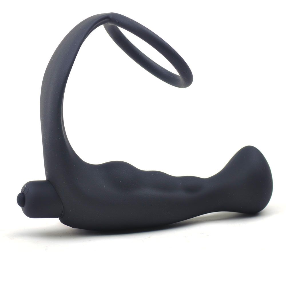 Plug anal vibrateur en silicone noir avec anneau pénien