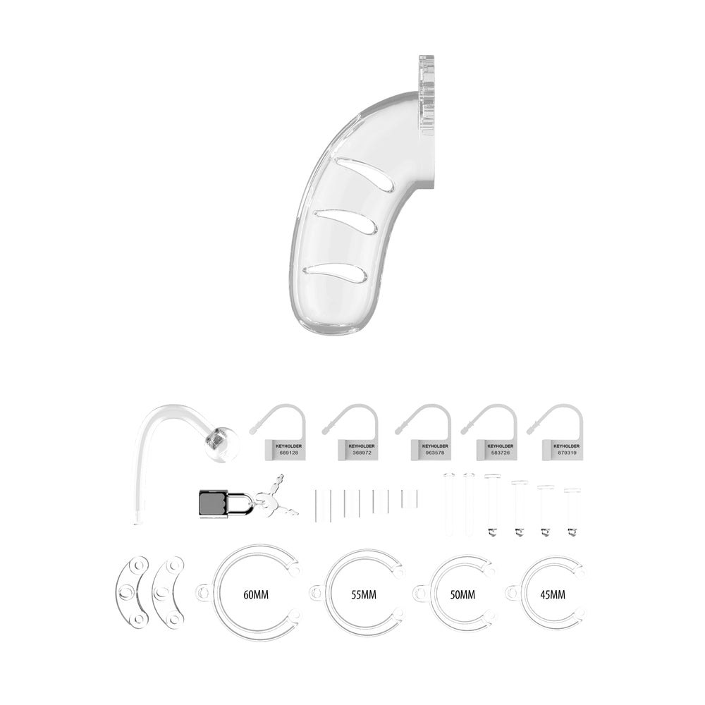 Jaula de castidad transparente para hombre de 11 pulgadas y 4,5 pulgadas con tapón anal