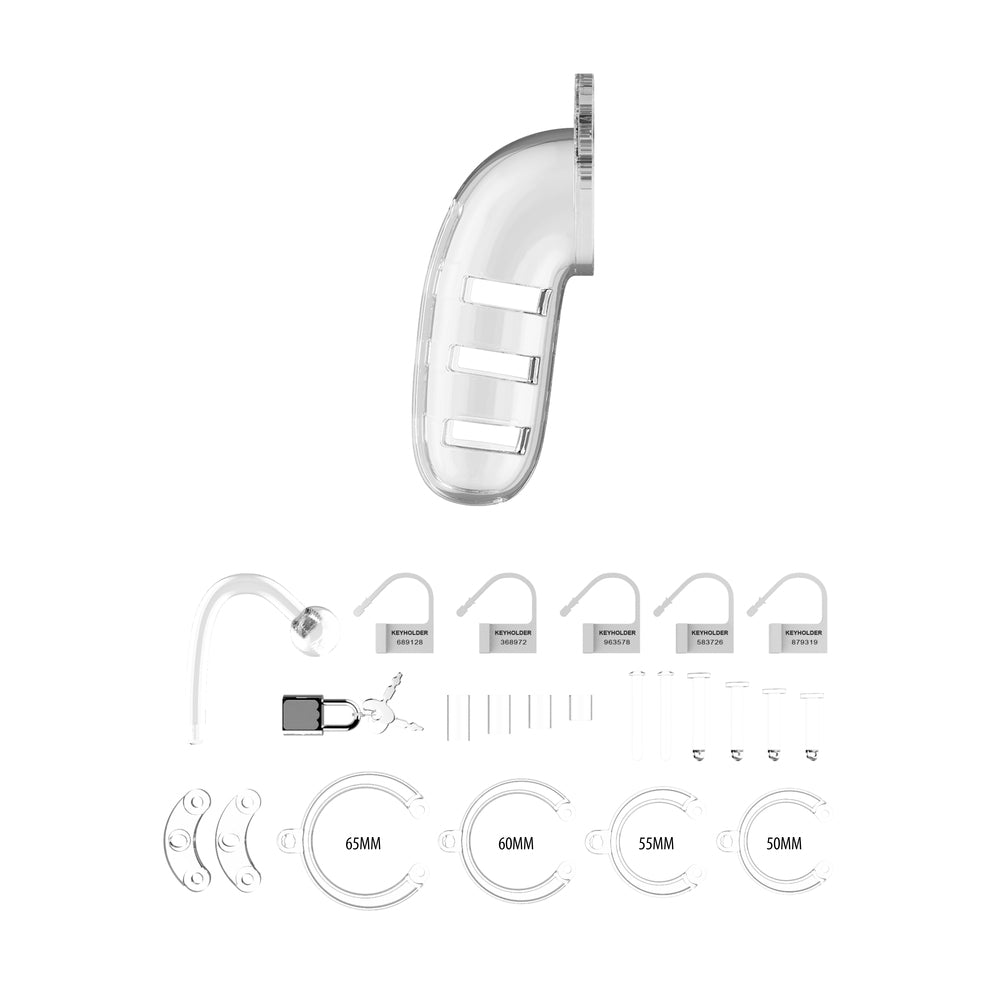 Jaula de castidad transparente para hombre de 12 pulgadas y 5,5 pulgadas con tapón anal