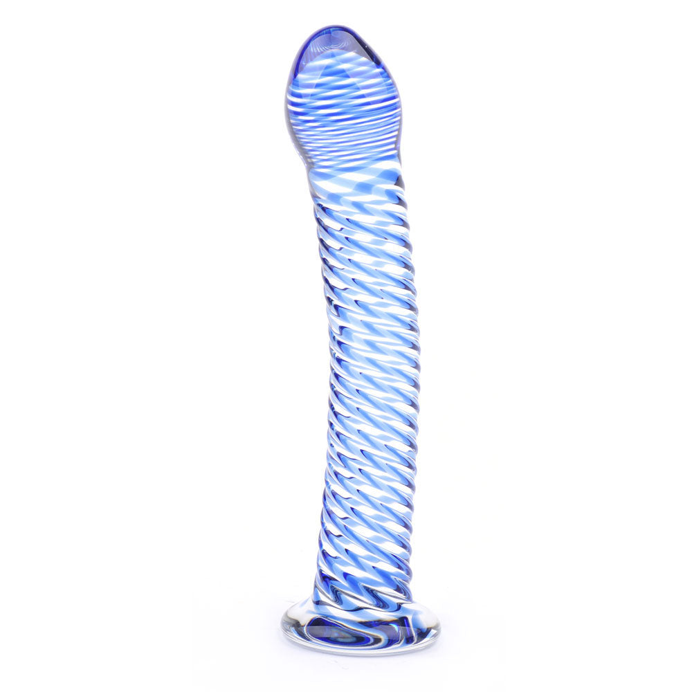 Consolador de cristal con diseño de espiral azul