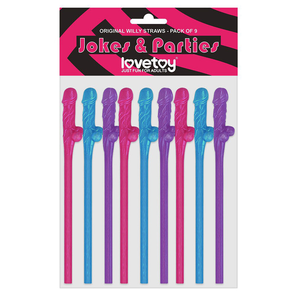 Lovetoy Pack de 9 pajitas Willy de color azul, rosa y morado