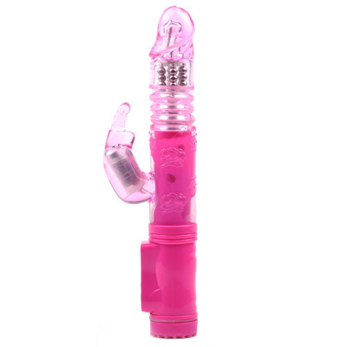 Vibrador de conejo rosa con movimiento de empuje